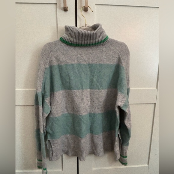J. Crew Gray and Green Striped Knit Turtleneck Wool and Alpaca Blend Cabincore - Picture 2 of 4